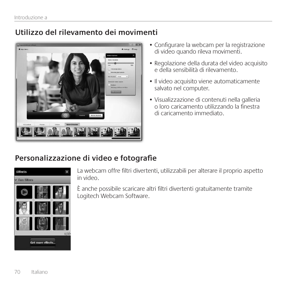 Utilizzo del rilevamento dei movimenti, Personalizzazione di video e fotografie | Logitech C310 User Manual | Page 70 / 104