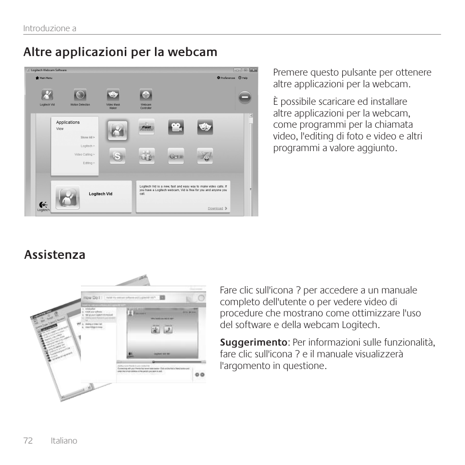 Altre applicazioni per la webcam, Assistenza | Logitech C310 User Manual | Page 72 / 104