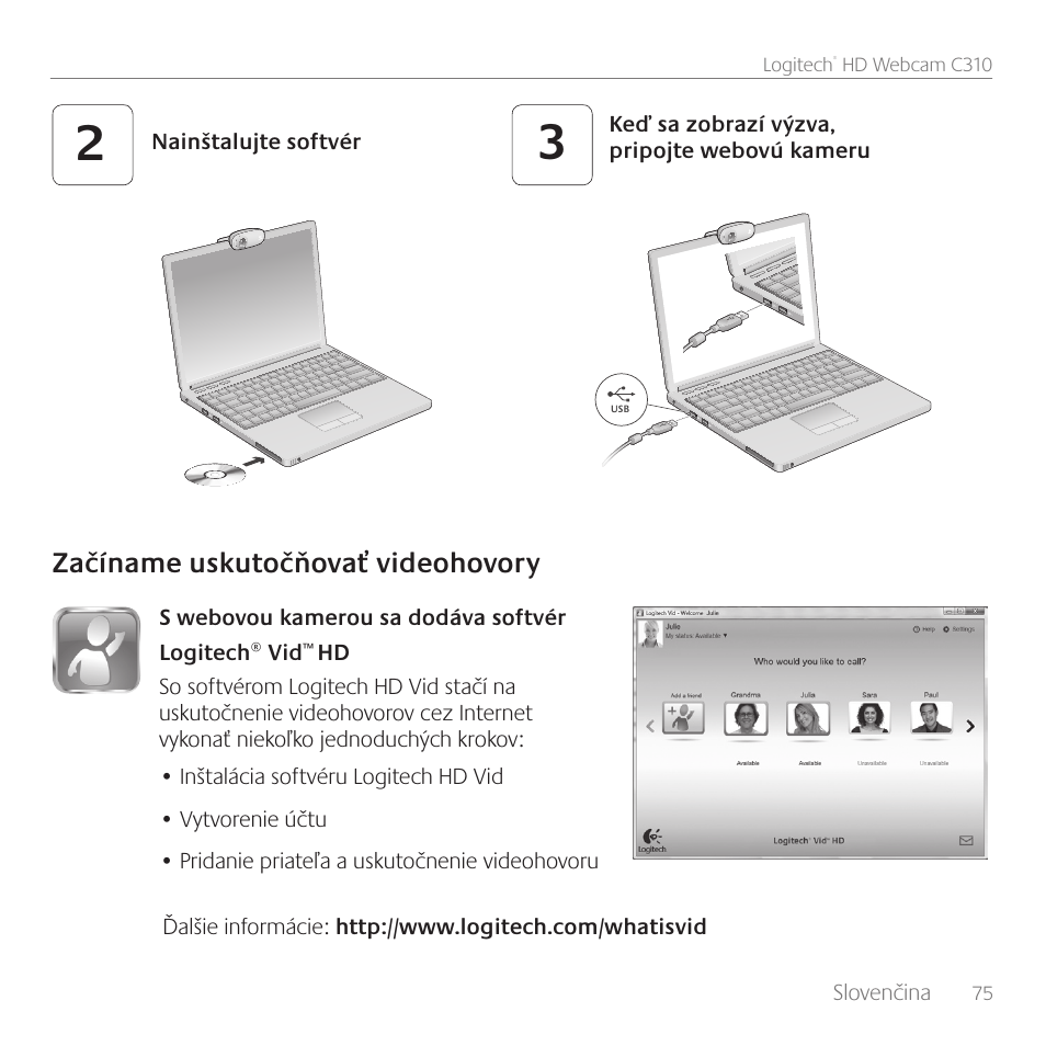 Začíname uskutočňovať videohovory | Logitech C310 User Manual | Page 75 / 104