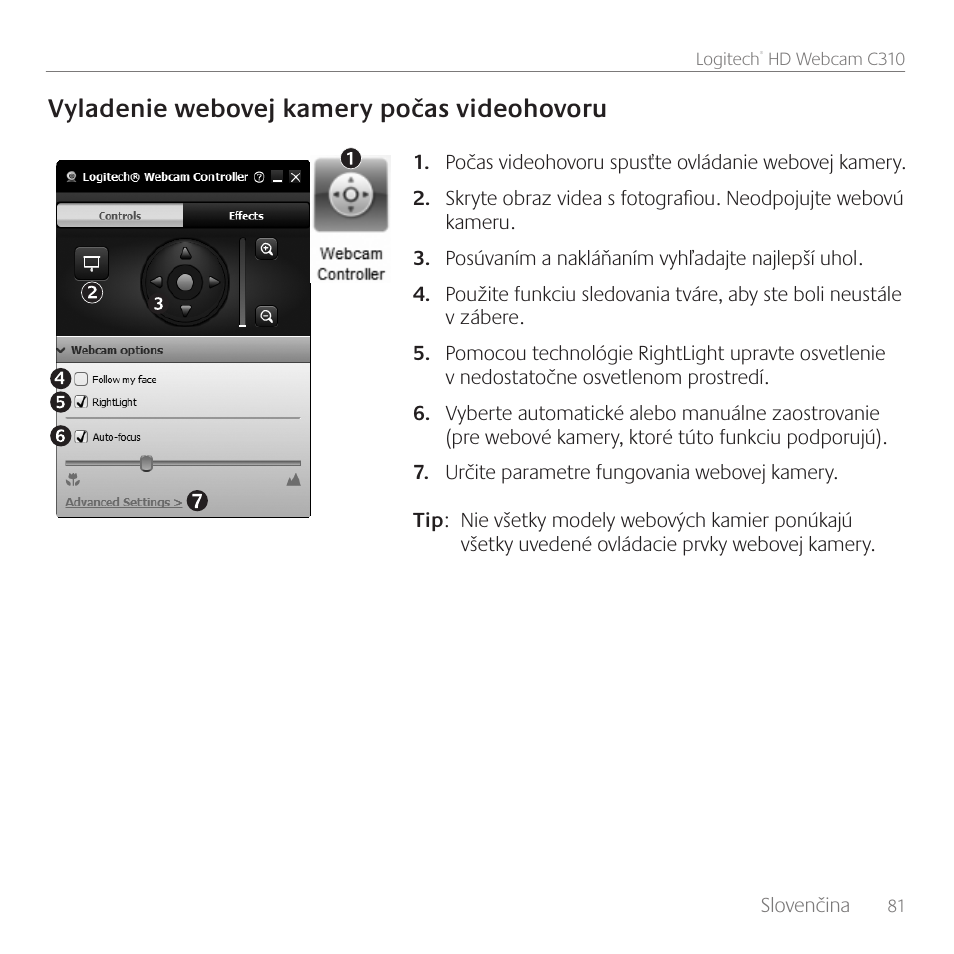Vyladenie webovej kamery počas videohovoru | Logitech C310 User Manual | Page 81 / 104
