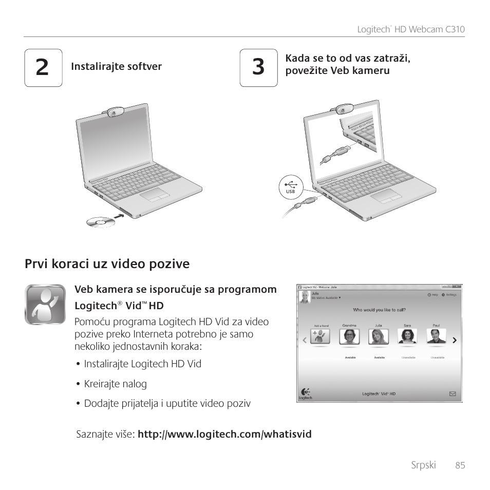 Prvi koraci uz video pozive | Logitech C310 User Manual | Page 85 / 104