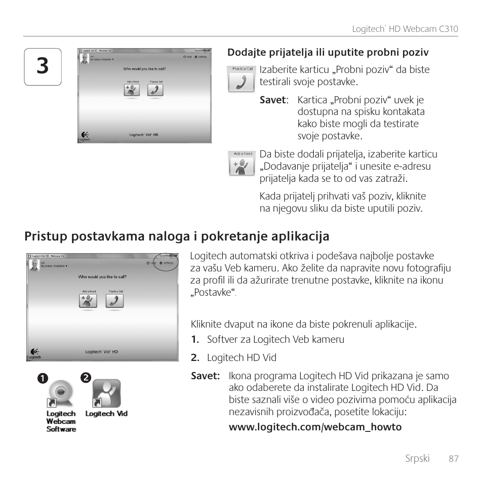 Pristup postavkama naloga i pokretanje aplikacija | Logitech C310 User Manual | Page 87 / 104