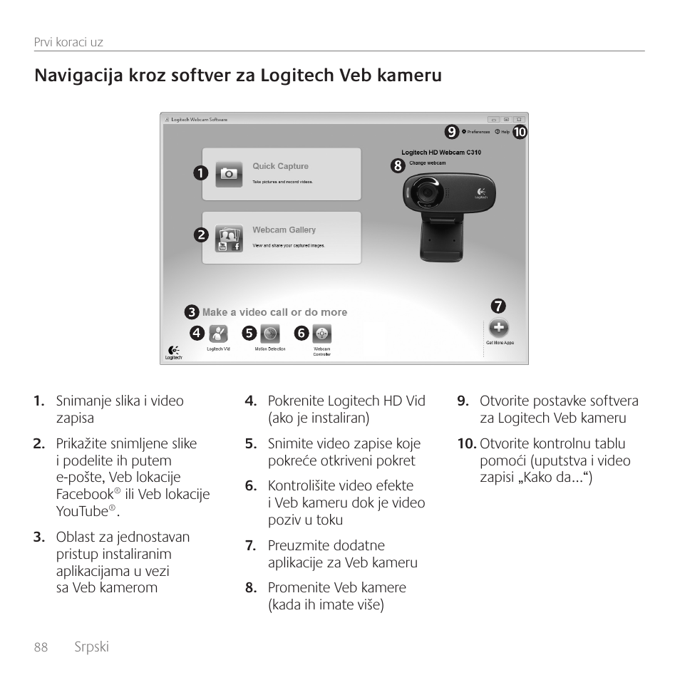 Navigacija kroz softver za logitech veb kameru | Logitech C310 User Manual | Page 88 / 104
