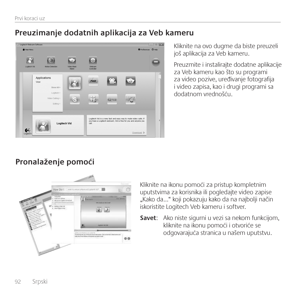 Preuzimanje dodatnih aplikacija za veb kameru, Pronalaženje pomoći | Logitech C310 User Manual | Page 92 / 104