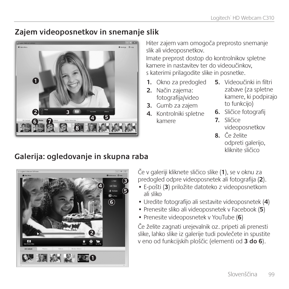 Zajem videoposnetkov in snemanje slik, Galerija: ogledovanje in skupna raba | Logitech C310 User Manual | Page 99 / 104