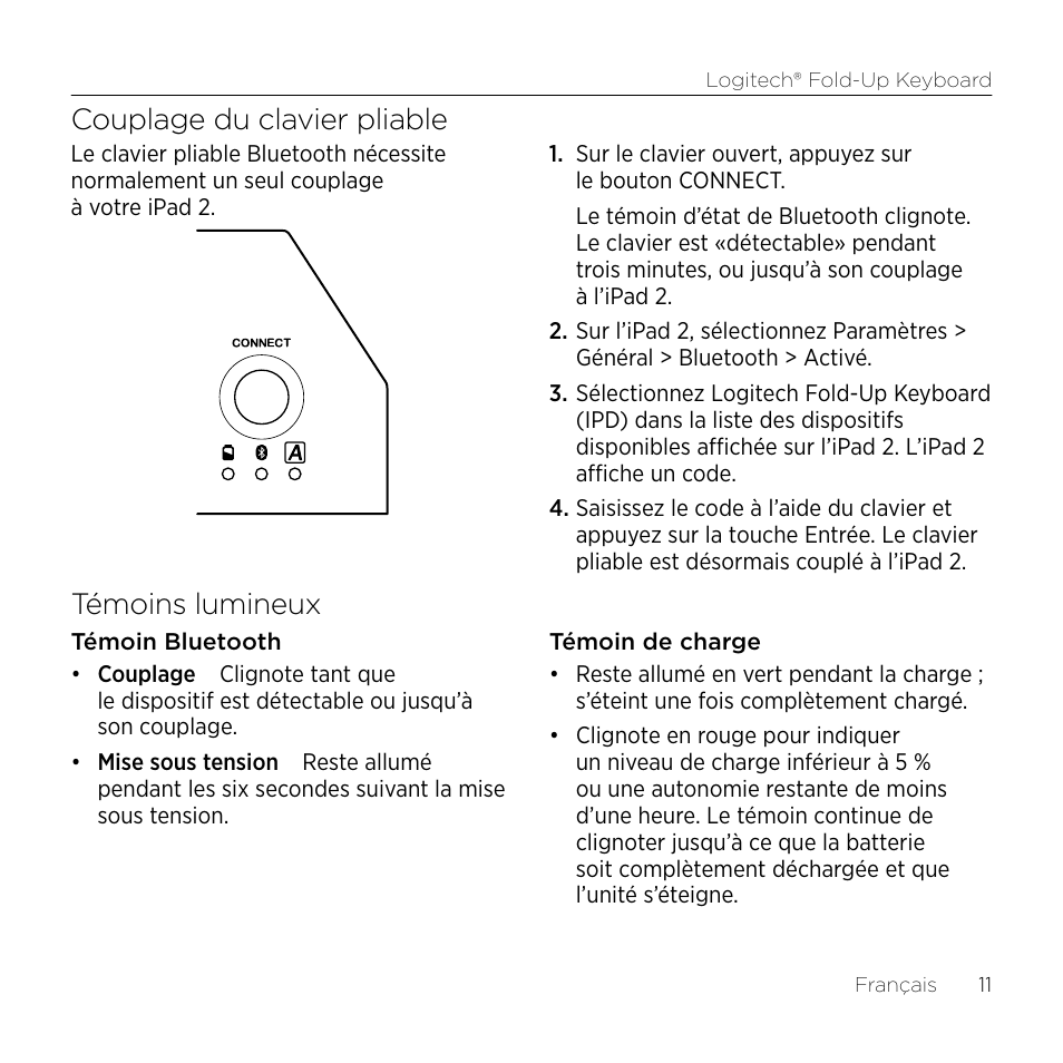 Couplage du clavier pliable, Témoins lumineux | Logitech Premiere utilisation Fold-Up Keyboard 2 User Manual | Page 11 / 32
