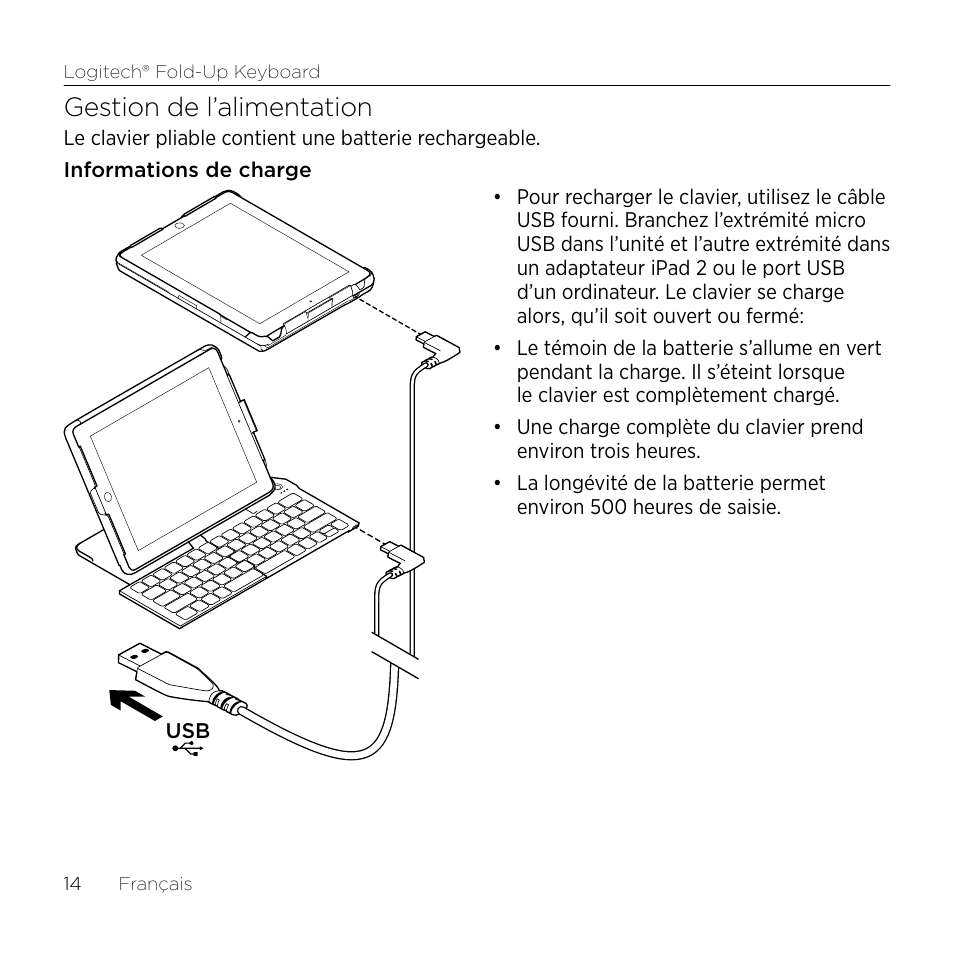 Gestion de l’alimentation | Logitech Premiere utilisation Fold-Up Keyboard 2 User Manual | Page 14 / 32