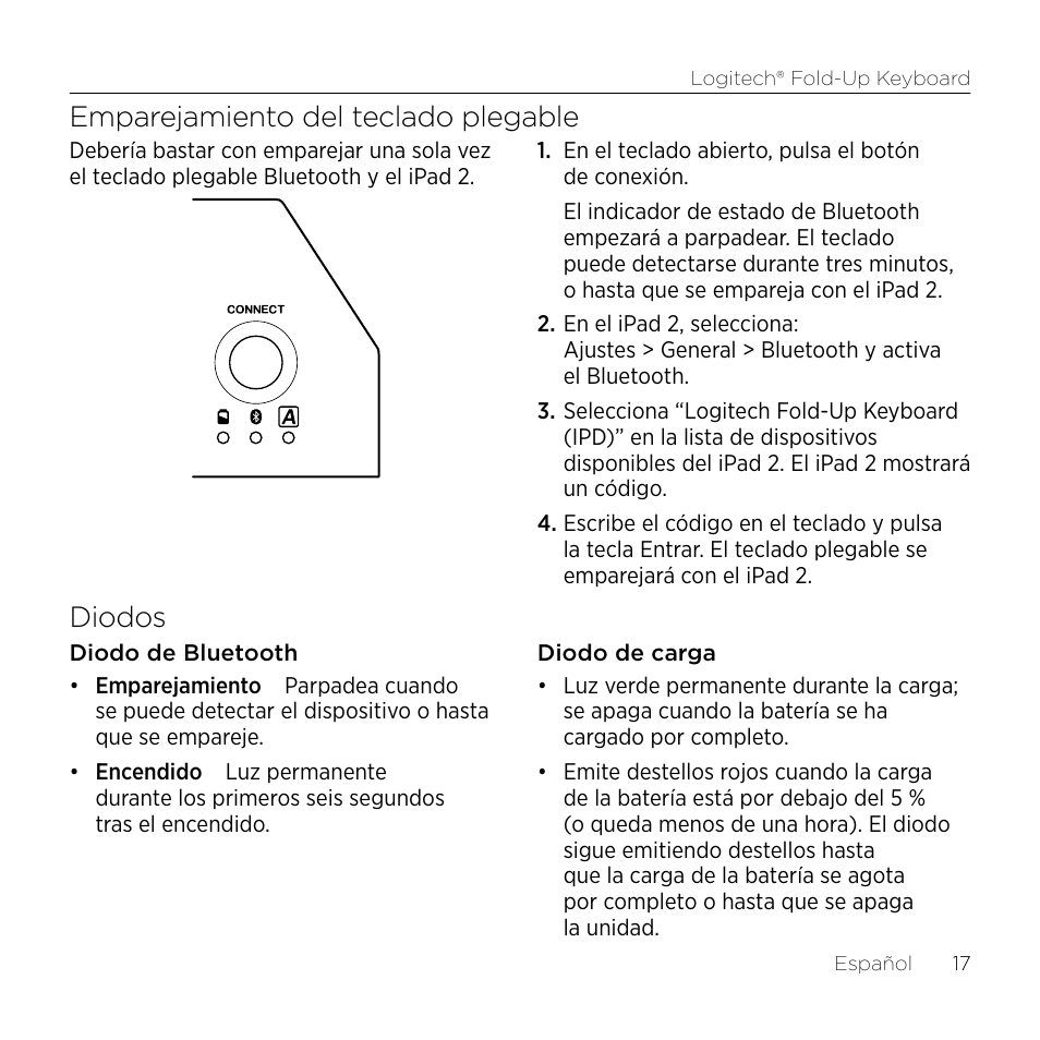 Emparejamiento del teclado plegable, Diodos | Logitech Premiere utilisation Fold-Up Keyboard 2 User Manual | Page 17 / 32