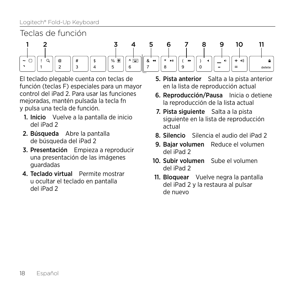 Teclas de función | Logitech Premiere utilisation Fold-Up Keyboard 2 User Manual | Page 18 / 32