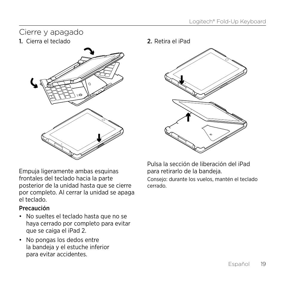 Cierre y apagado | Logitech Premiere utilisation Fold-Up Keyboard 2 User Manual | Page 19 / 32