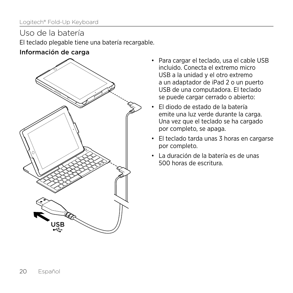 Uso de la batería | Logitech Premiere utilisation Fold-Up Keyboard 2 User Manual | Page 20 / 32