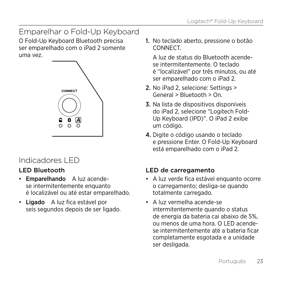 Emparelhar o fold-up keyboard, Indicadores led | Logitech Premiere utilisation Fold-Up Keyboard 2 User Manual | Page 23 / 32