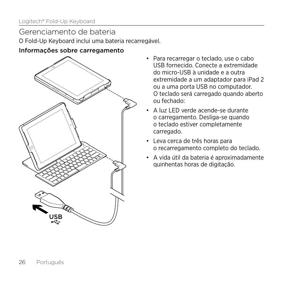 Gerenciamento de bateria | Logitech Premiere utilisation Fold-Up Keyboard 2 User Manual | Page 26 / 32