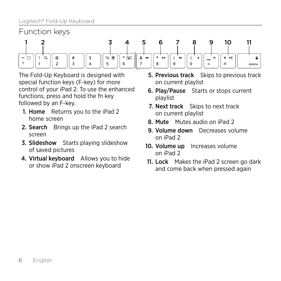 Function keys | Logitech Premiere utilisation Fold-Up Keyboard 2 User Manual | Page 6 / 32