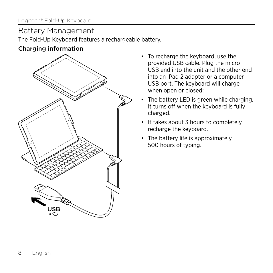 Battery management | Logitech Premiere utilisation Fold-Up Keyboard 2 User Manual | Page 8 / 32