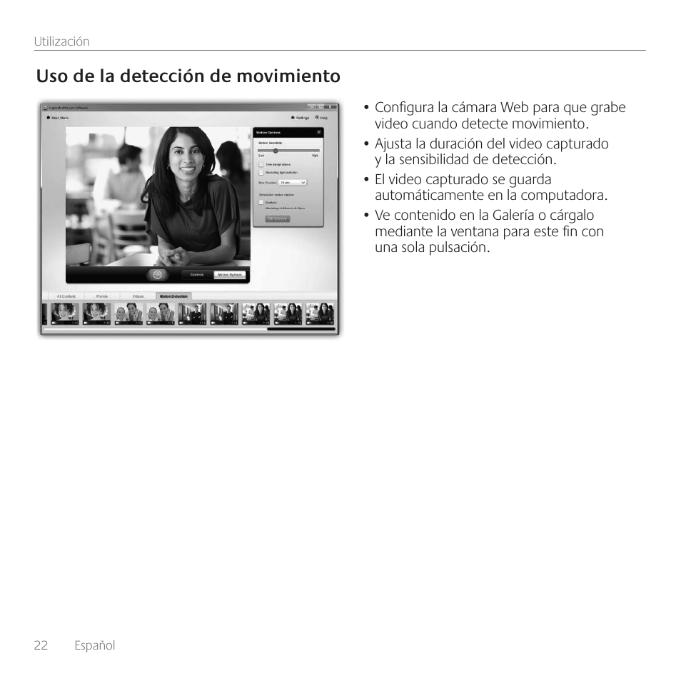 Uso de la detección de movimiento | Logitech Premiere utilisation C110 User Manual | Page 22 / 48