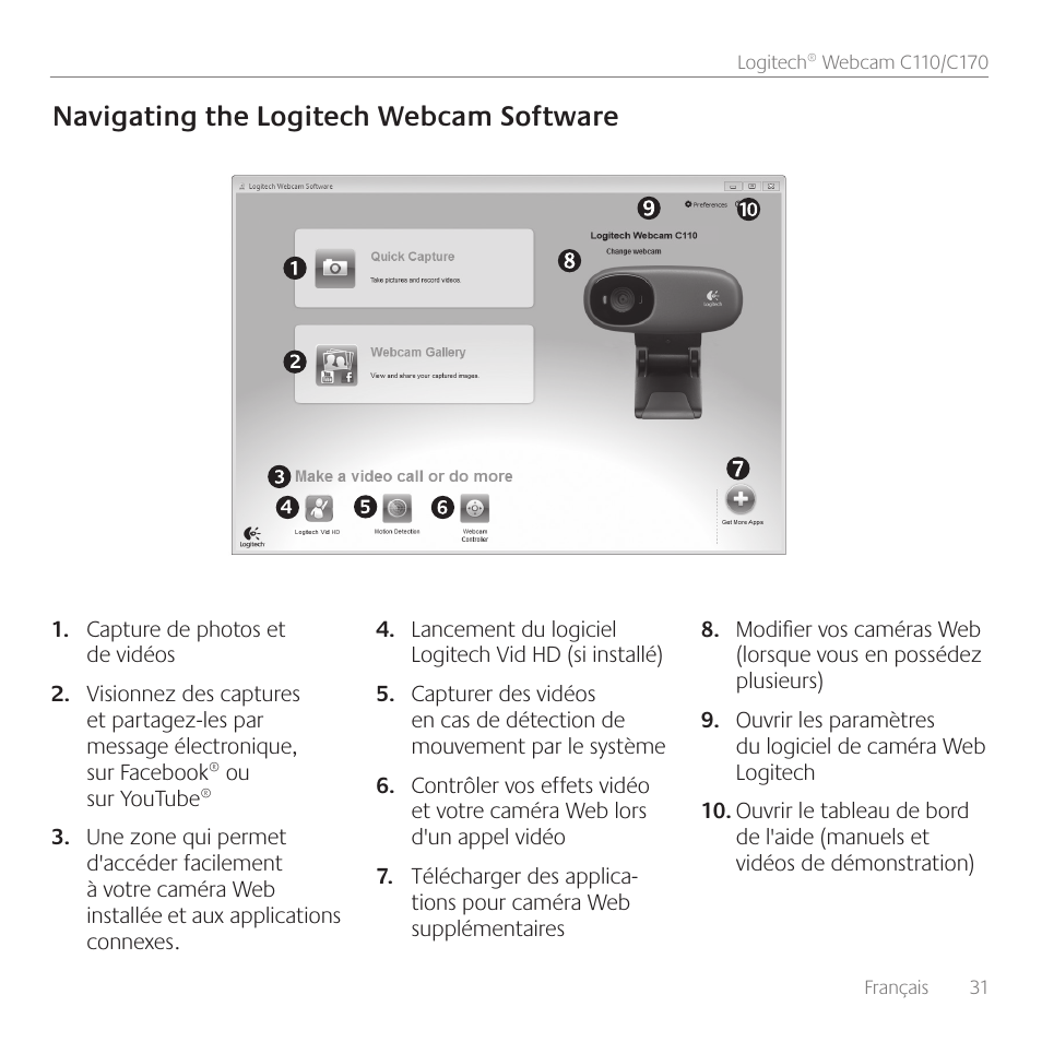 Navigating the logitech webcam software | Logitech Premiere utilisation C110 User Manual | Page 31 / 48