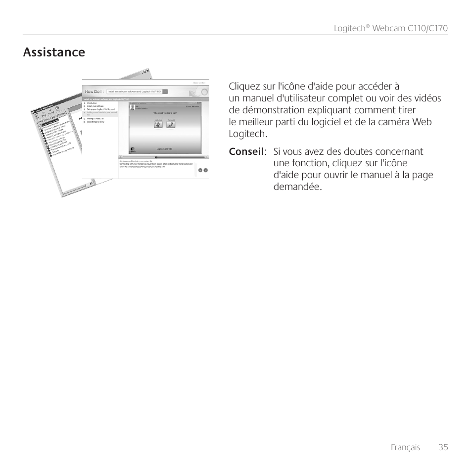 Assistance | Logitech Premiere utilisation C110 User Manual | Page 35 / 48