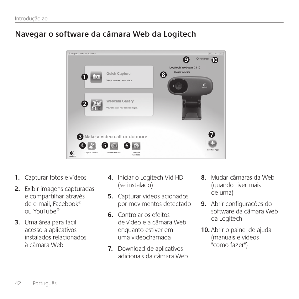 Navegar o software da câmara web da logitech | Logitech Premiere utilisation C110 User Manual | Page 42 / 48