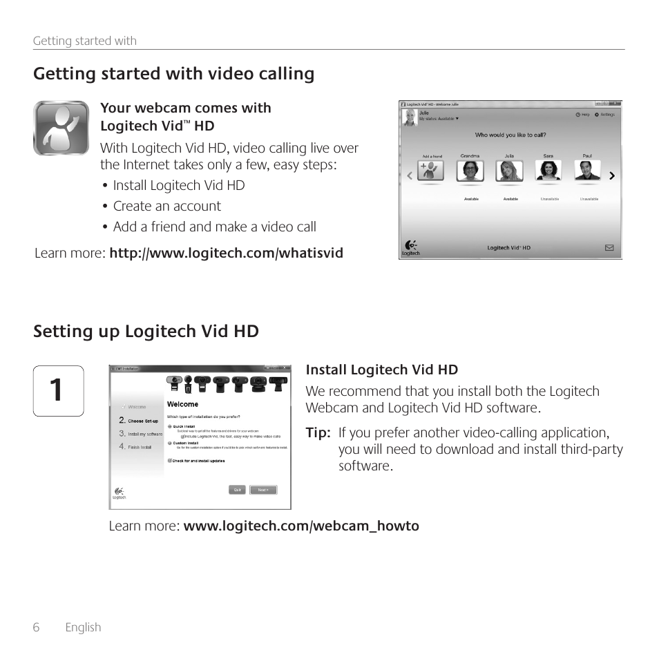 Setting up logitech vid hd, Getting started with video calling | Logitech Premiere utilisation C110 User Manual | Page 6 / 48