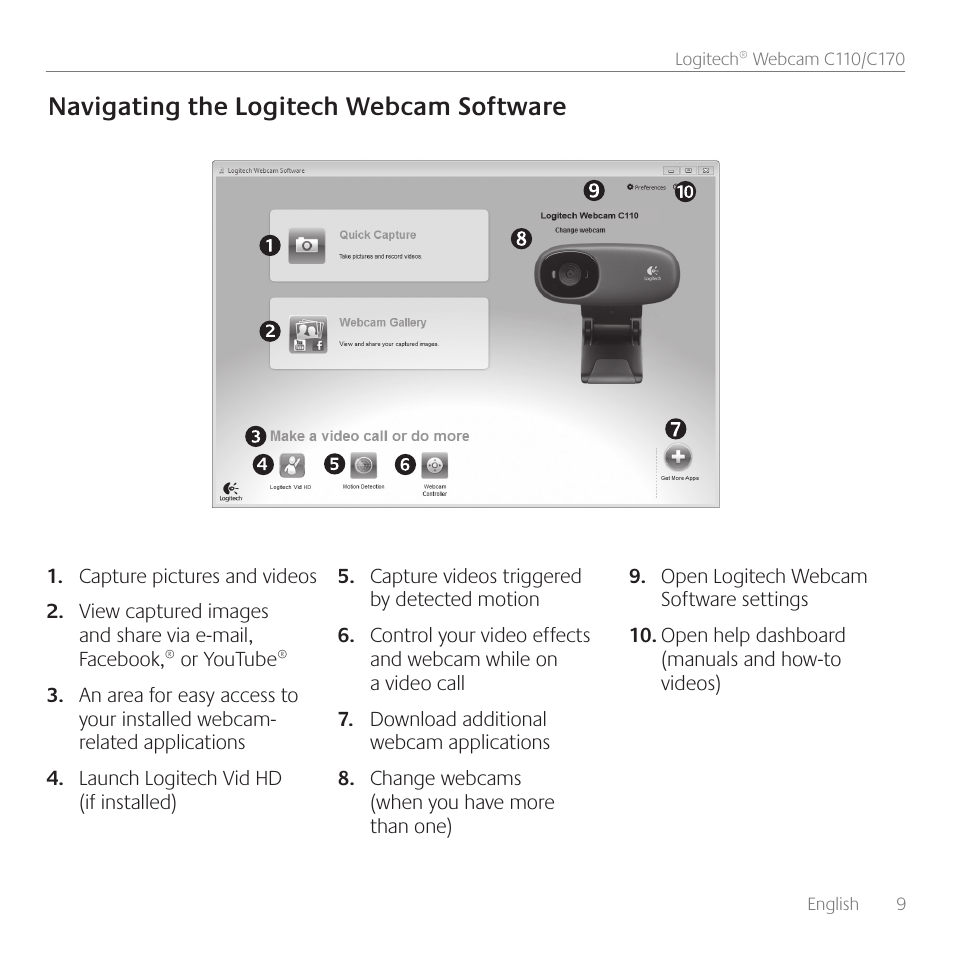 Navigating the logitech webcam software | Logitech Premiere utilisation C110 User Manual | Page 9 / 48