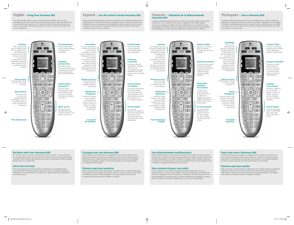 English, Español, Français | Português | Logitech Harmony Remote 600 User Manual | Page 2 / 2