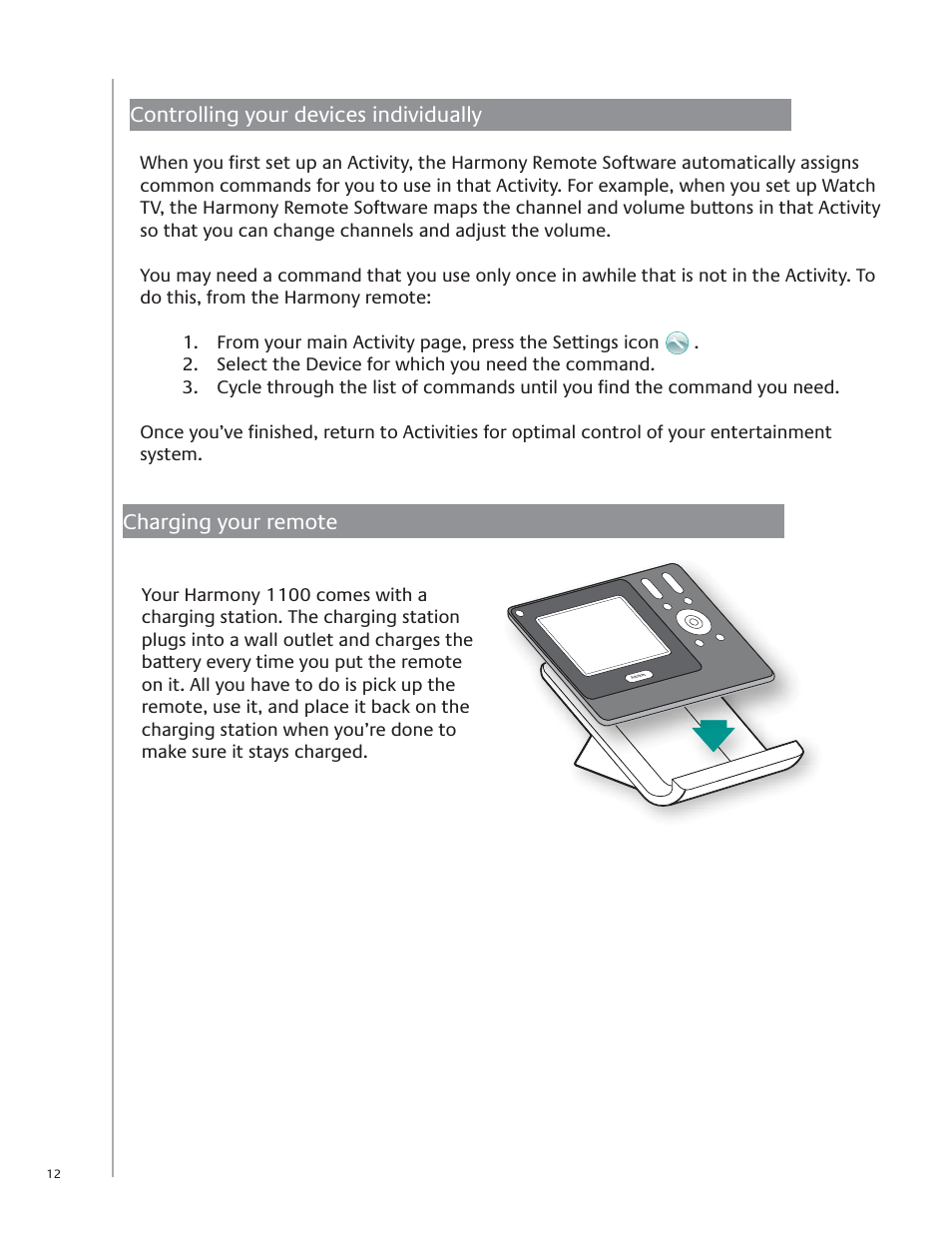 Controlling your devices individually, Charging your remote | Logitech Harmony Advanced Universal Remote 1100 User Manual | Page 12 / 48