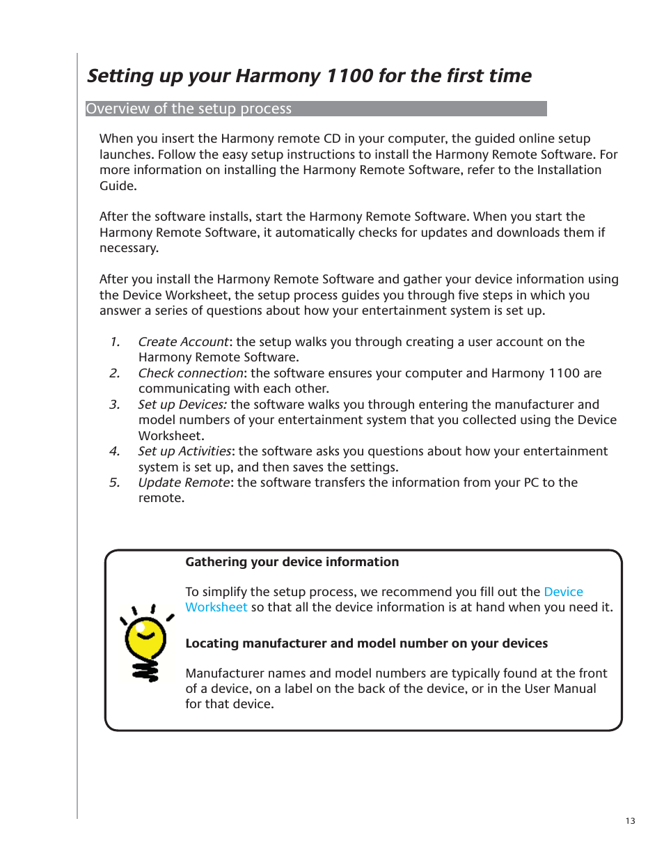 Setting up your harmony 1100 for the fi rst time | Logitech Harmony Advanced Universal Remote 1100 User Manual | Page 13 / 48