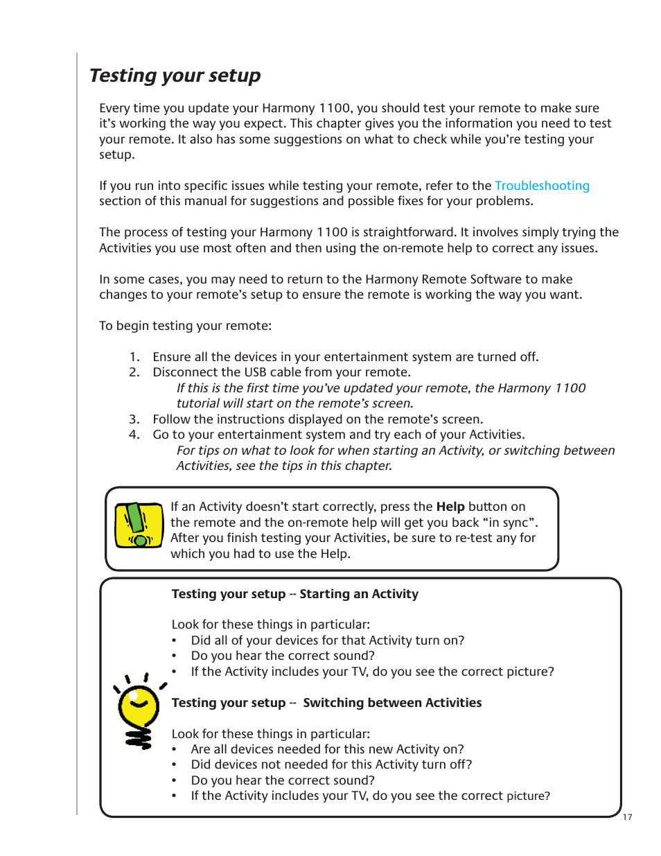 Testing your setup | Logitech Harmony Advanced Universal Remote 1100 User Manual | Page 17 / 48