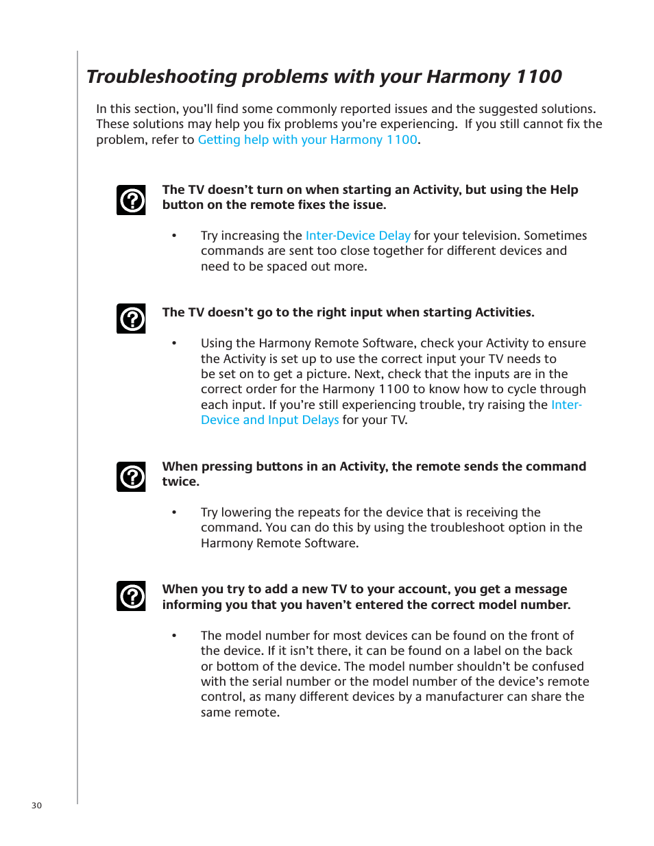 Troubleshooting problems with your harmony 1100 | Logitech Harmony Advanced Universal Remote 1100 User Manual | Page 30 / 48