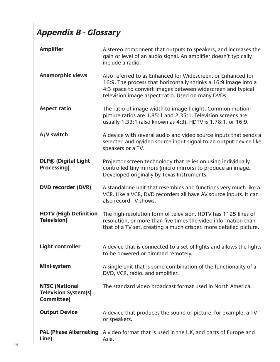 Appendix b - glossary | Logitech Harmony Advanced Universal Remote 1100 User Manual | Page 44 / 48