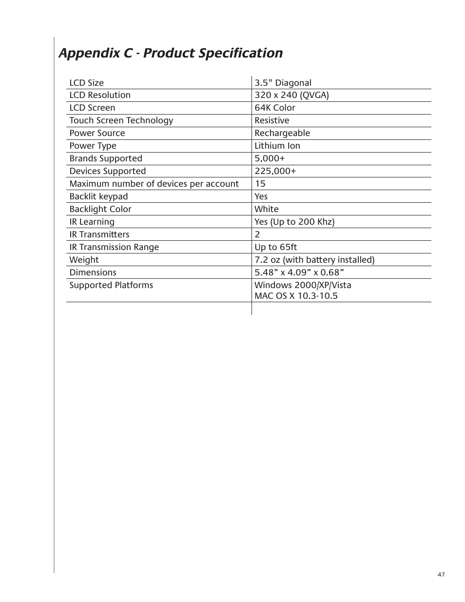 Appendix c - product specifi cation | Logitech Harmony Advanced Universal Remote 1100 User Manual | Page 47 / 48