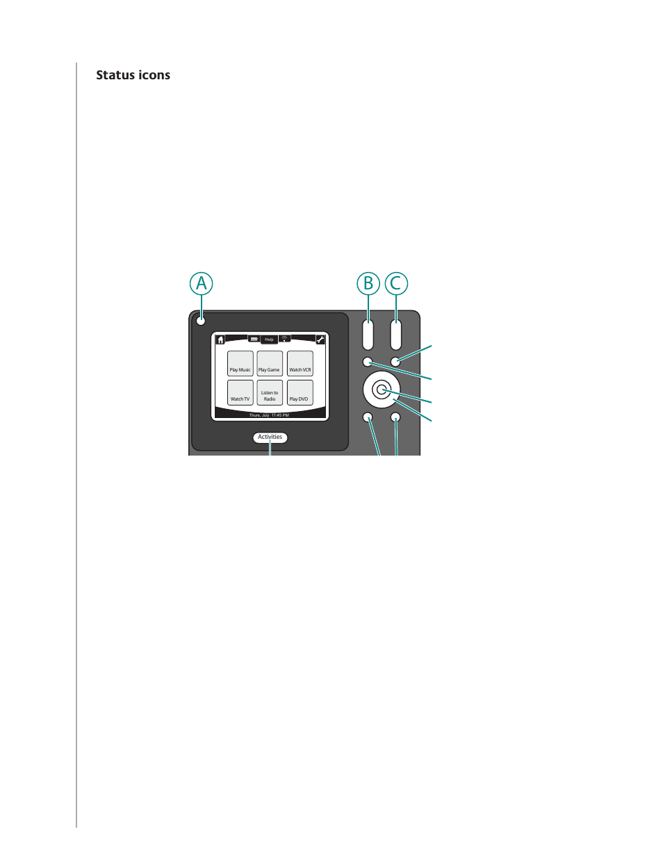 Ab c, Status icons | Logitech Harmony Advanced Universal Remote 1100 User Manual | Page 9 / 48