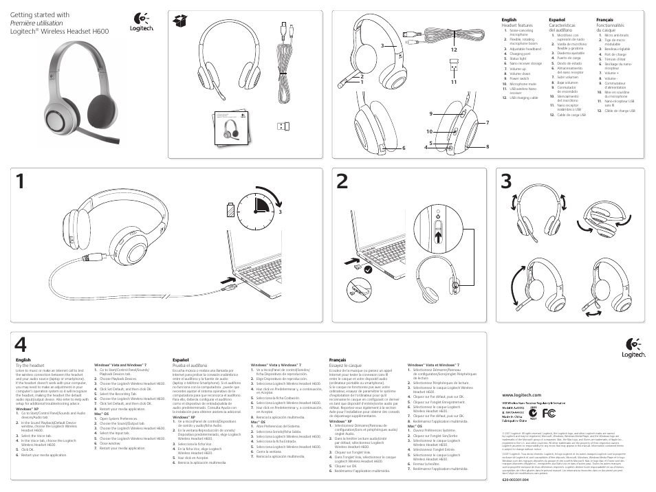 Logitech Wireless Headset H600 User Manual | 2 pages