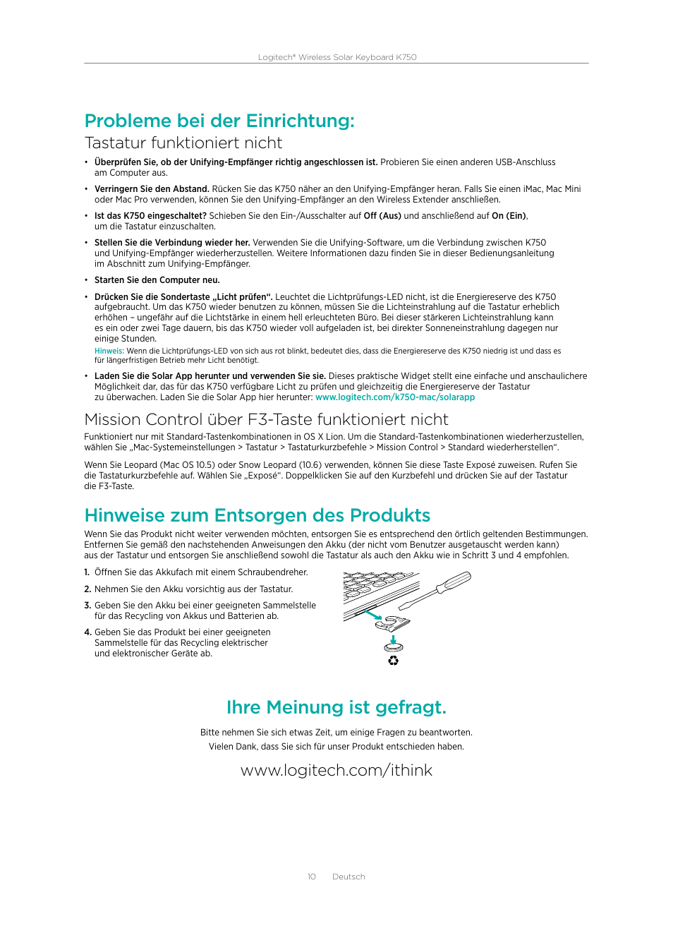 Probleme bei der einrichtung, Hinweise zum entsorgen des produkts, Ihre meinung ist gefragt | Tastatur funktioniert nicht, Mission control über f3-taste funktioniert nicht | Logitech Wireless Solar Keyboard K750 User Manual | Page 10 / 20