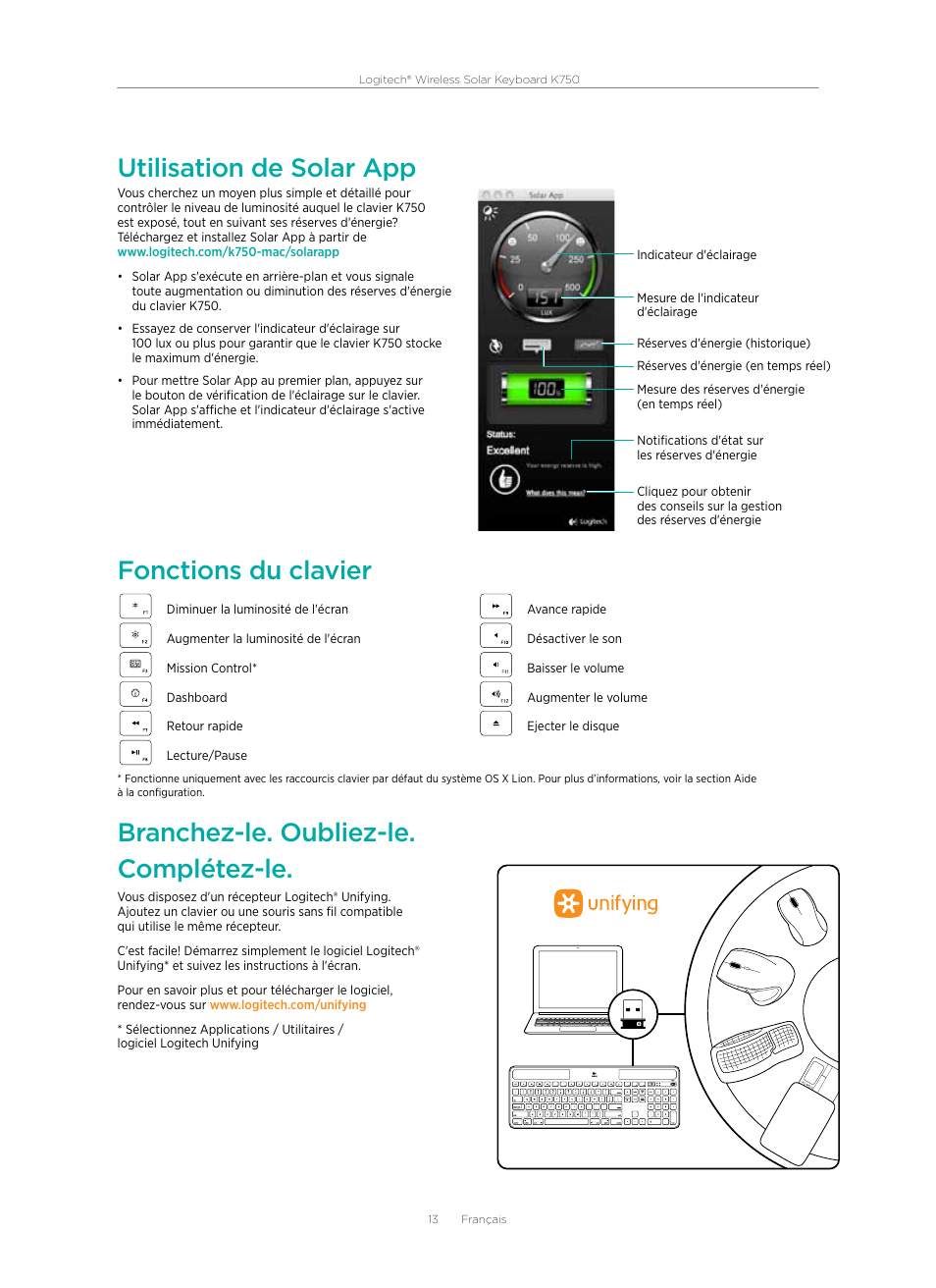 Utilisation de solar app, Fonctions du clavier, Branchez-le. oubliez-le. complétez-le | Logitech Wireless Solar Keyboard K750 User Manual | Page 13 / 20