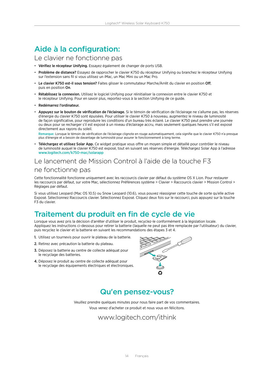 Aide à la configuration, Traitement du produit en fin de cycle de vie, Qu'en pensez-vous | Le clavier ne fonctionne pas | Logitech Wireless Solar Keyboard K750 User Manual | Page 14 / 20