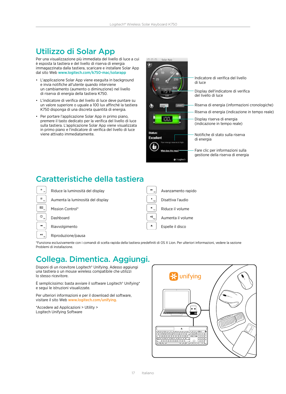 Utilizzo di solar app, Caratteristiche della tastiera, Collega. dimentica. aggiungi | Logitech Wireless Solar Keyboard K750 User Manual | Page 17 / 20