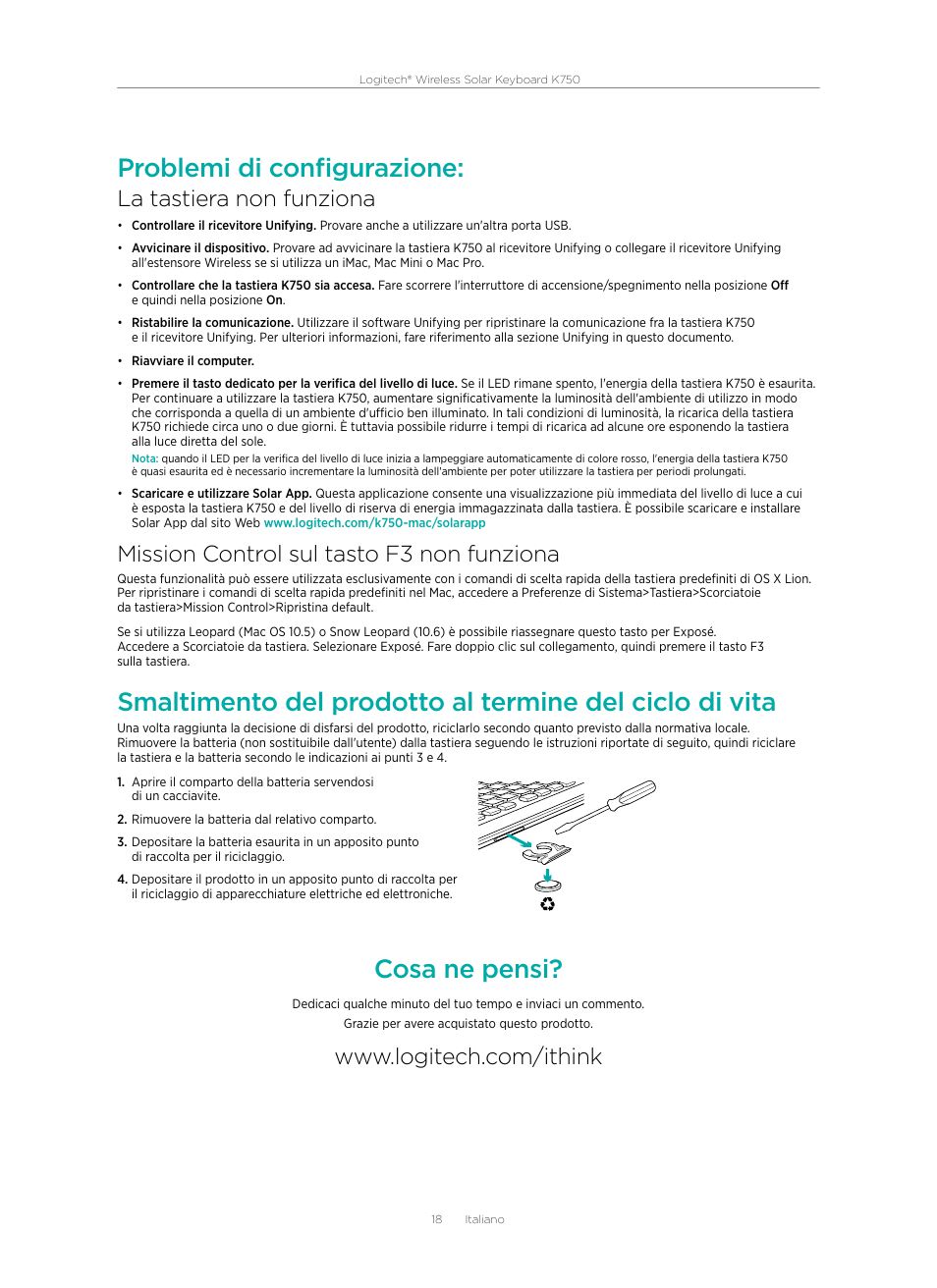 Problemi di configurazione, Cosa ne pensi, La tastiera non funziona | Mission control sul tasto f3 non funziona | Logitech Wireless Solar Keyboard K750 User Manual | Page 18 / 20