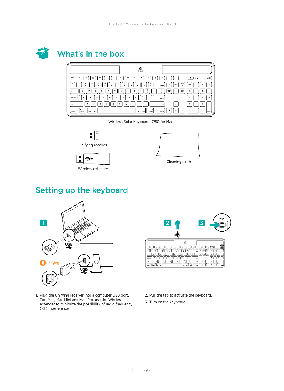 What’s in the box setting up the keyboard | Logitech Wireless Solar Keyboard K750 User Manual | Page 3 / 20