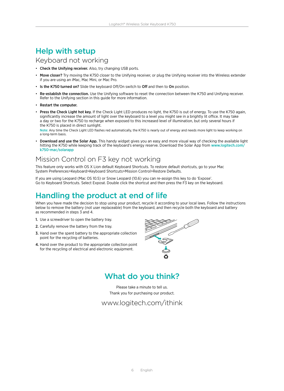 Help with setup, Handling the product at end of life, What do you think | Keyboard not working, Mission control on f3 key not working | Logitech Wireless Solar Keyboard K750 User Manual | Page 6 / 20
