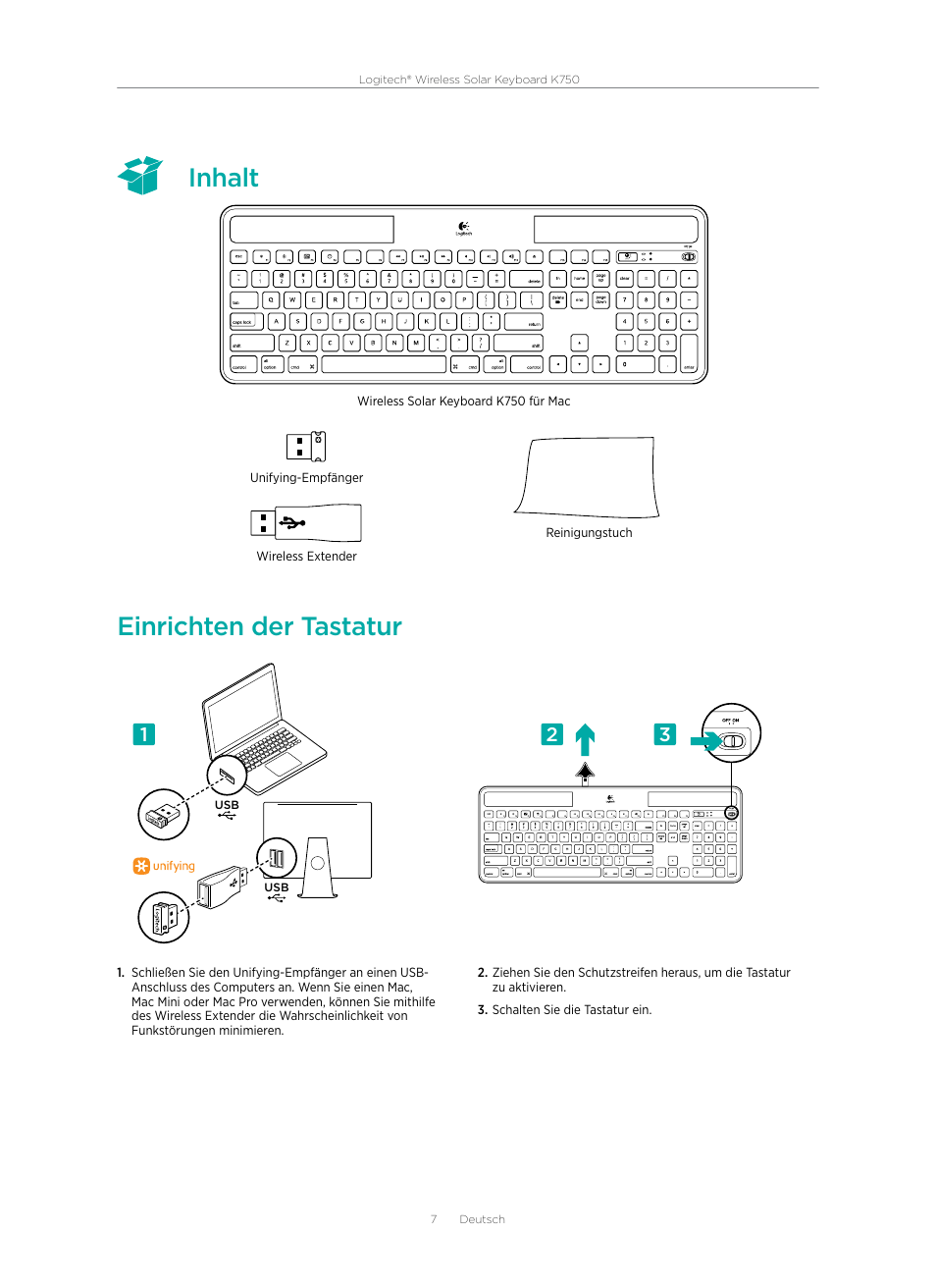 Inhalt einrichten der tastatur | Logitech Wireless Solar Keyboard K750 User Manual | Page 7 / 20