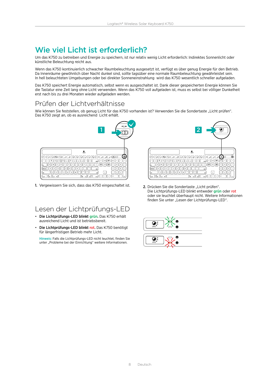 Wie viel licht ist erforderlich, Prüfen der lichtverhältnisse, Lesen der lichtprüfungs-led | Logitech Wireless Solar Keyboard K750 User Manual | Page 8 / 20