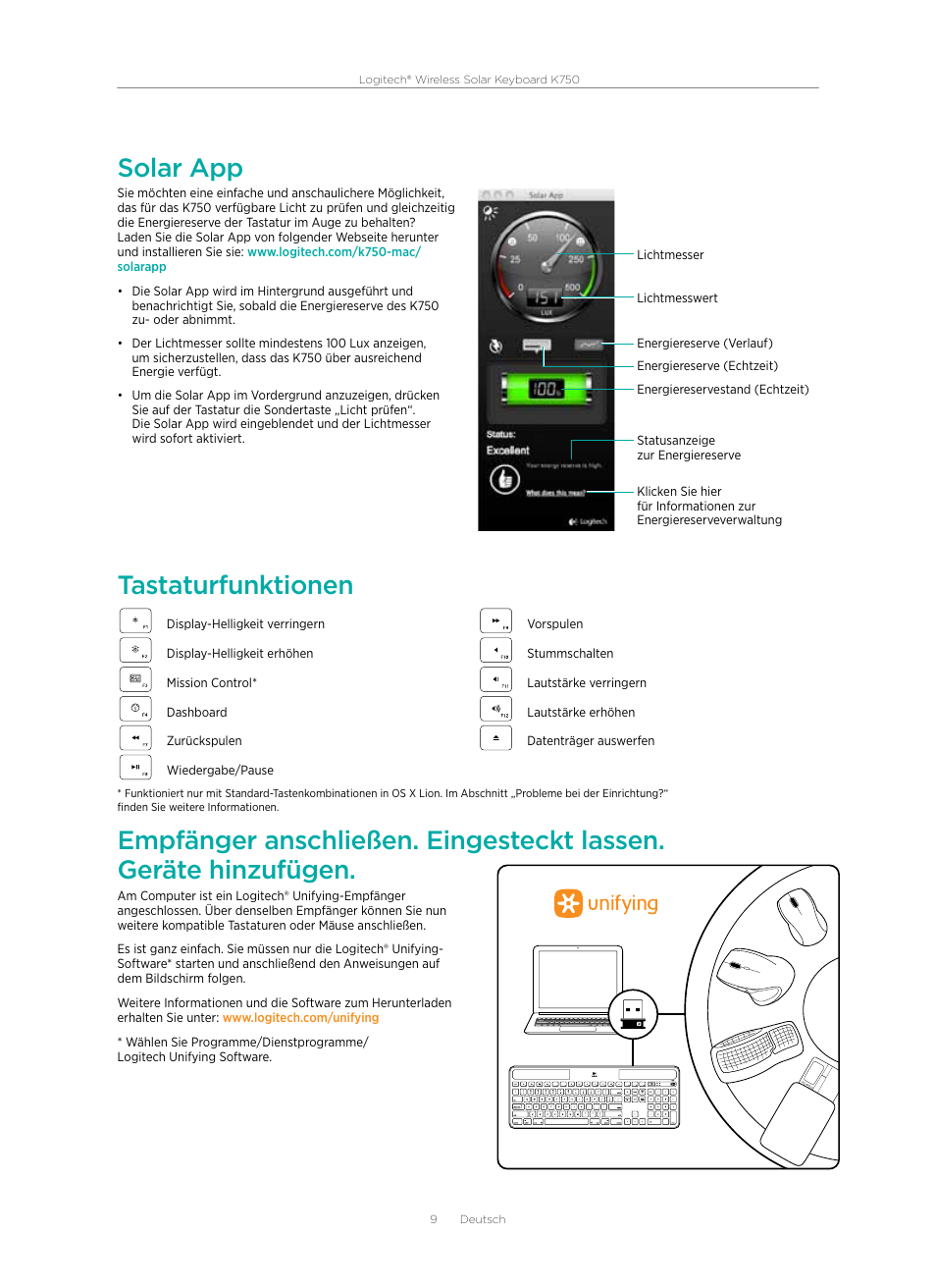 Solar app, Tastaturfunktionen | Logitech Wireless Solar Keyboard K750 User Manual | Page 9 / 20