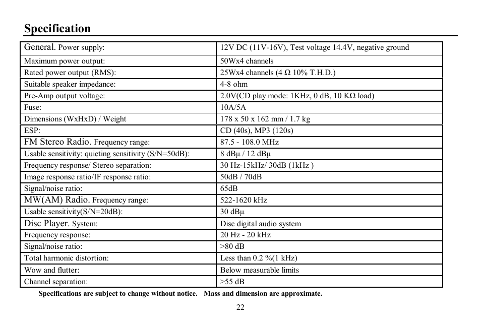 Specification | Hyundai H-CDM8070 User Manual | Page 22 / 44