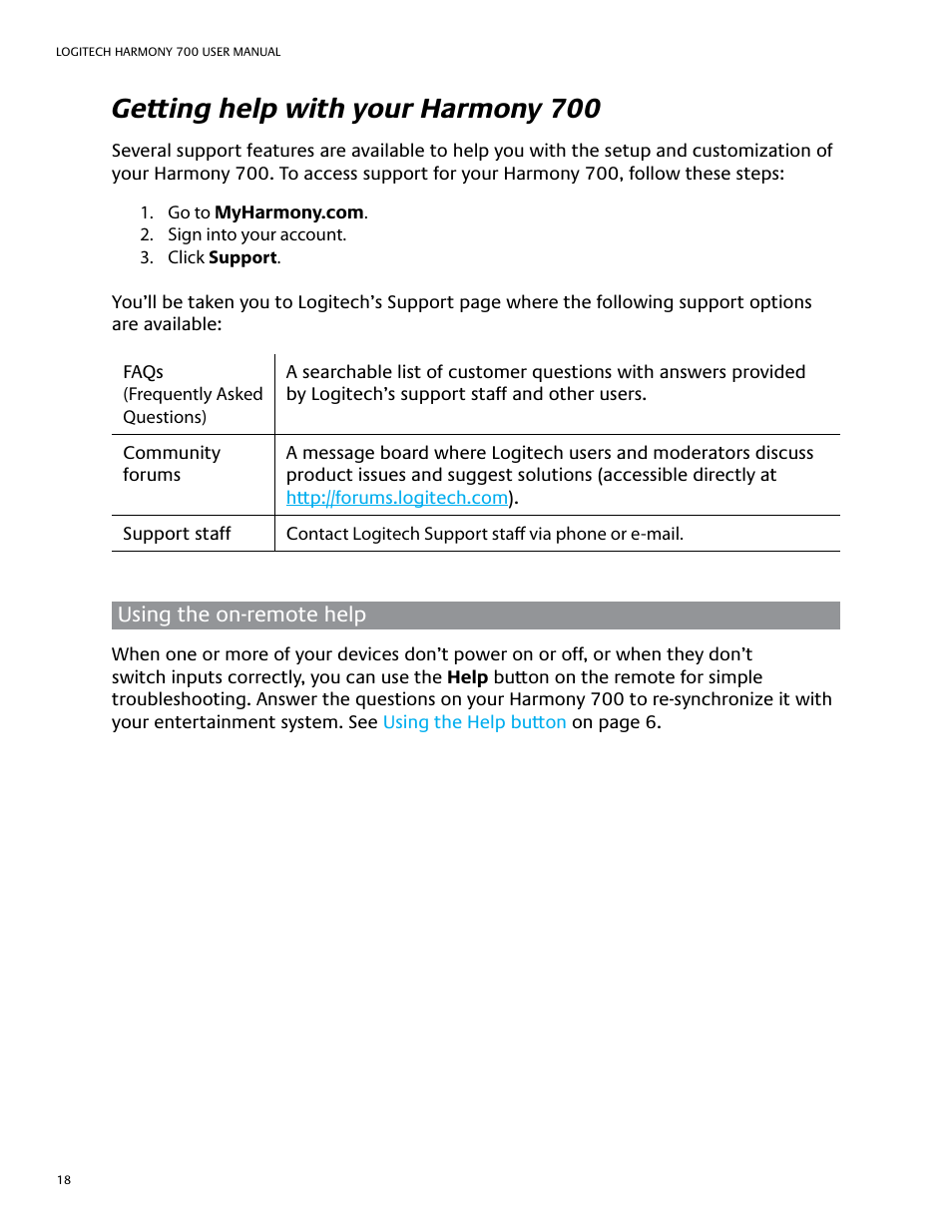 Getting help with your harmony 700 | Logitech HARMONY REMOTE 700 User Manual | Page 22 / 26