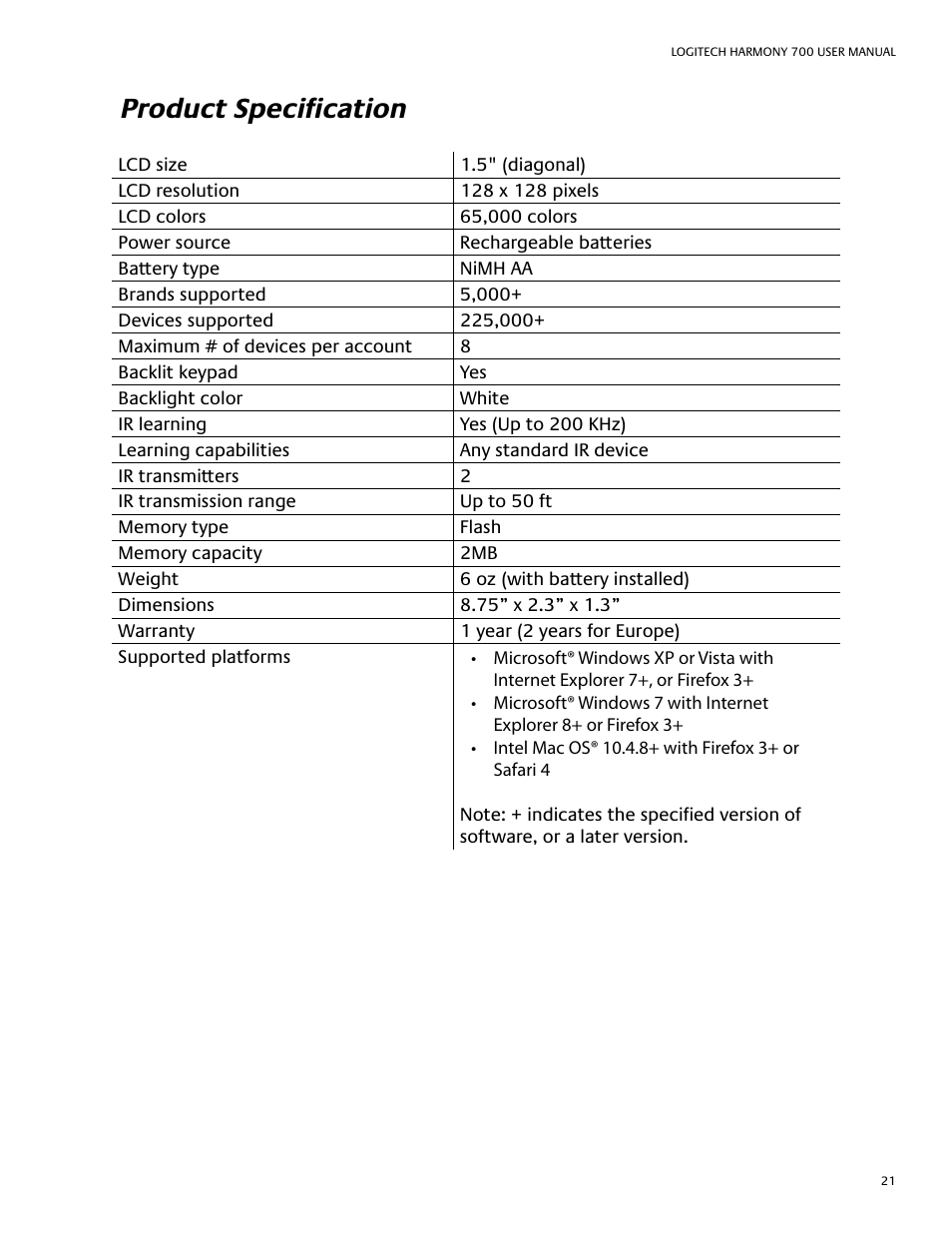 Product specification | Logitech HARMONY REMOTE 700 User Manual | Page 25 / 26