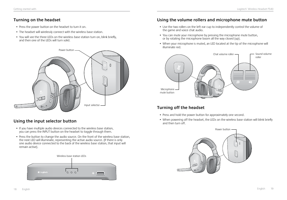 Turning on the headset, Using the input selector button, Turning off the headset | Logitech Logtech Wirelss Headset F540 User Manual | Page 10 / 47