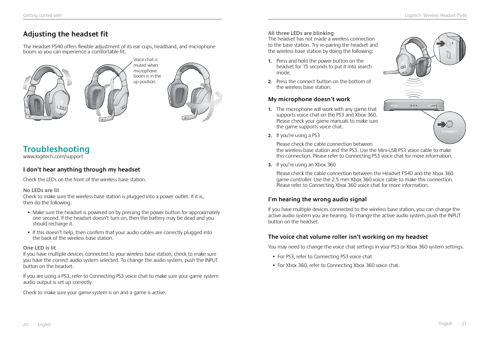 Troubleshooting, Adjusting the headset fit, Troubleshooting 20 | Adjusting the headset fit 20 | Logitech Logtech Wirelss Headset F540 User Manual | Page 11 / 47