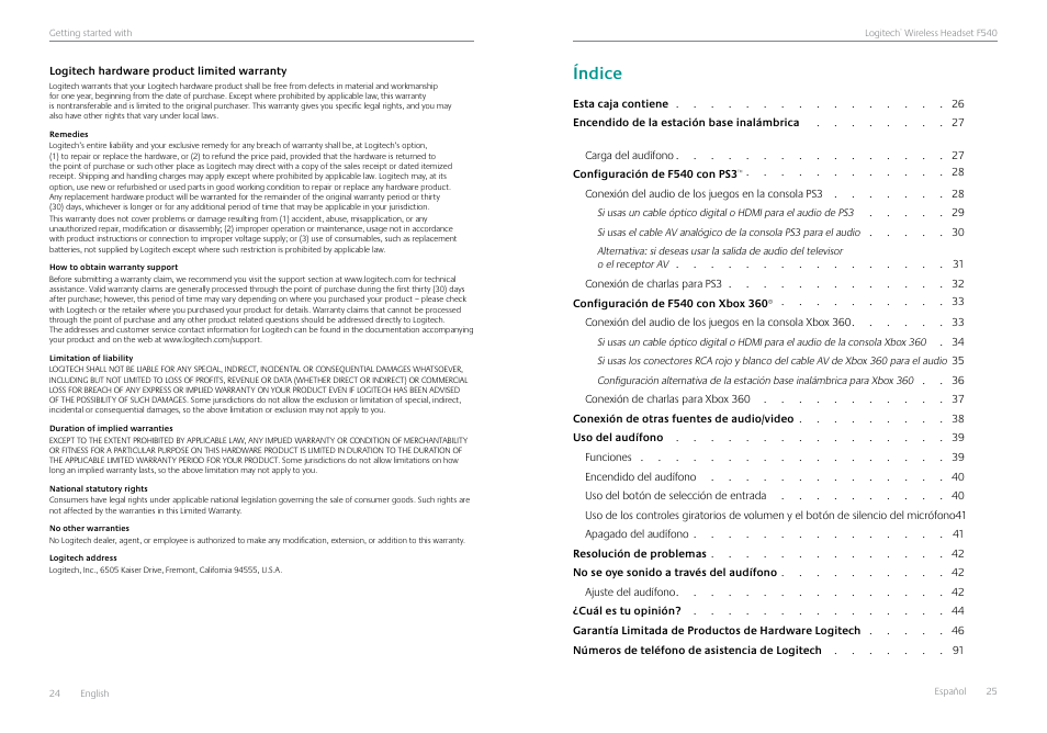 Logitech hardware product limited warranty, Logitech hardware product limited warranty 24, Índice | Logitech Logtech Wirelss Headset F540 User Manual | Page 13 / 47